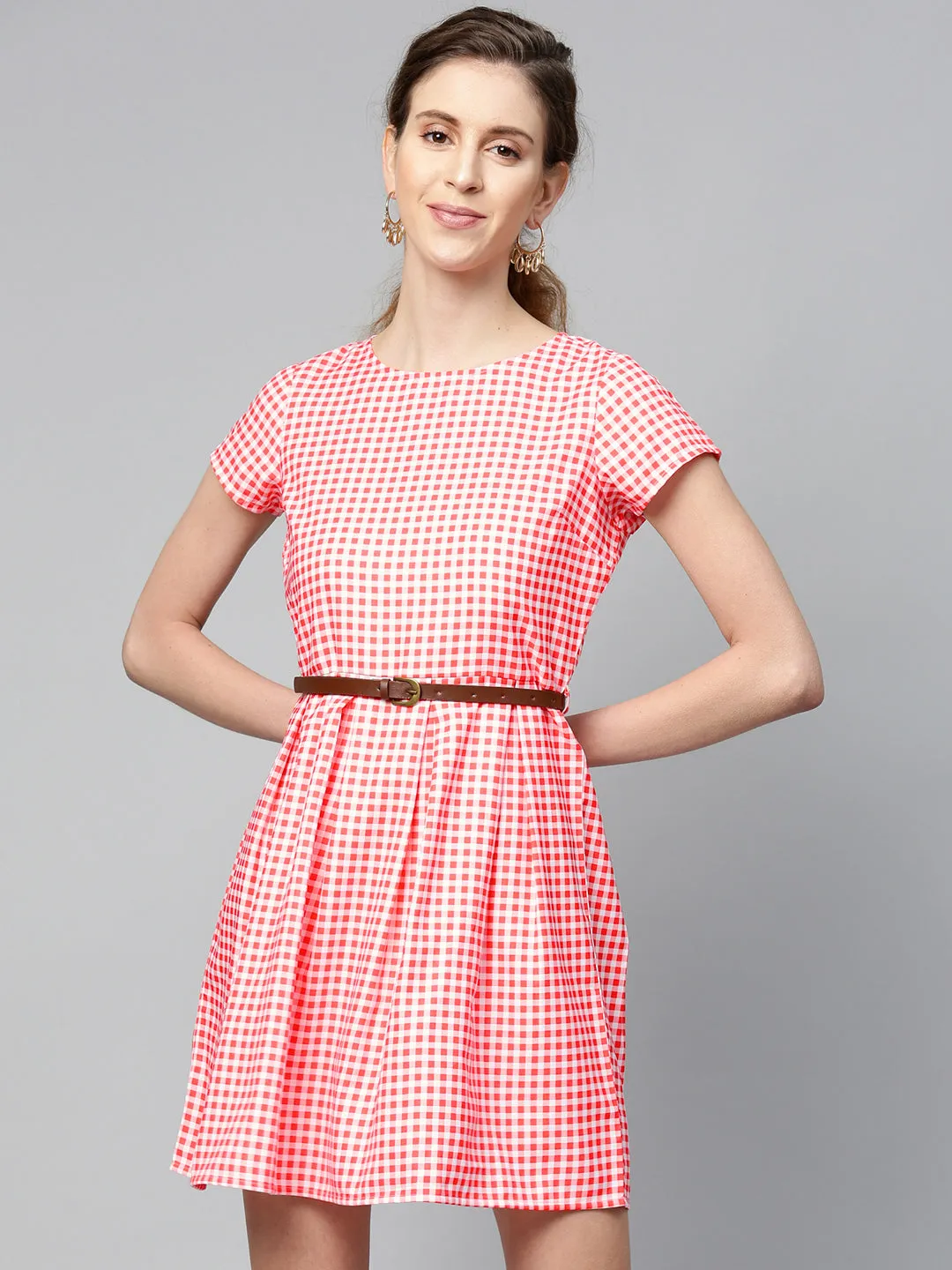 Women Red & White Check Skater Dress