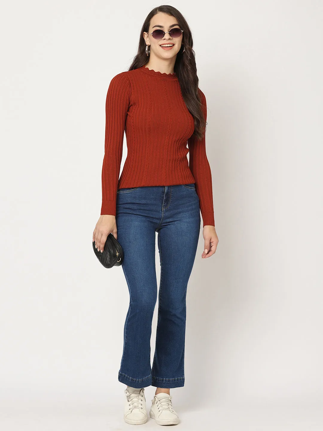 Women Slim Fit Rust Ribbed Sweater