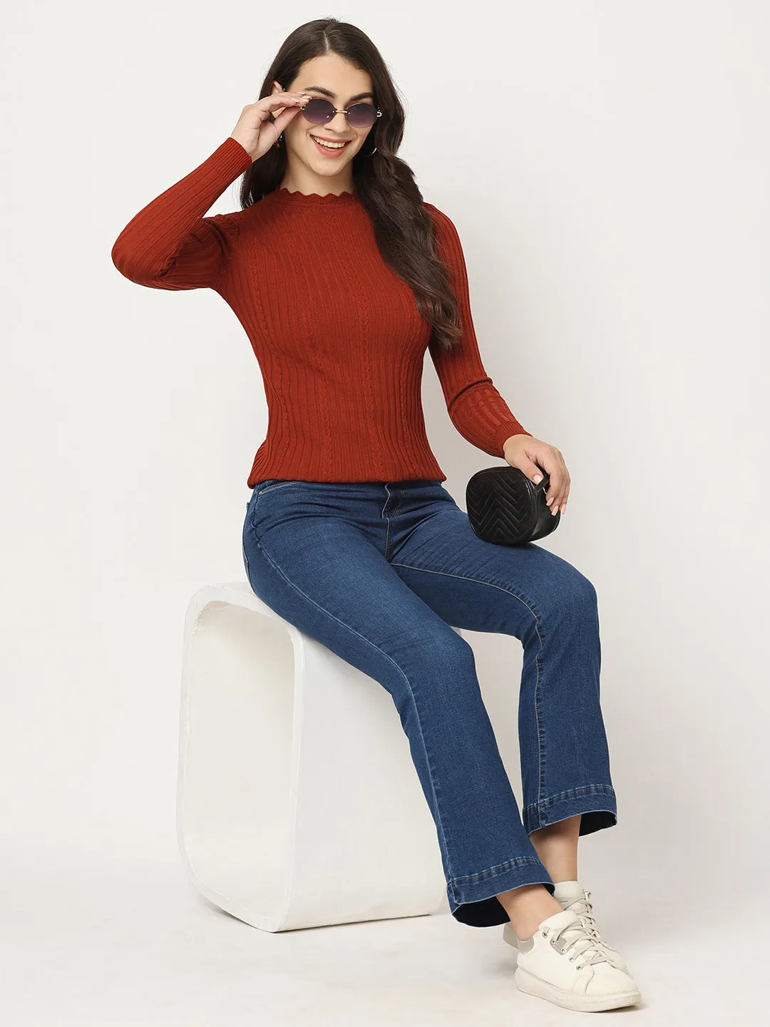 Women Slim Fit Rust Ribbed Sweater