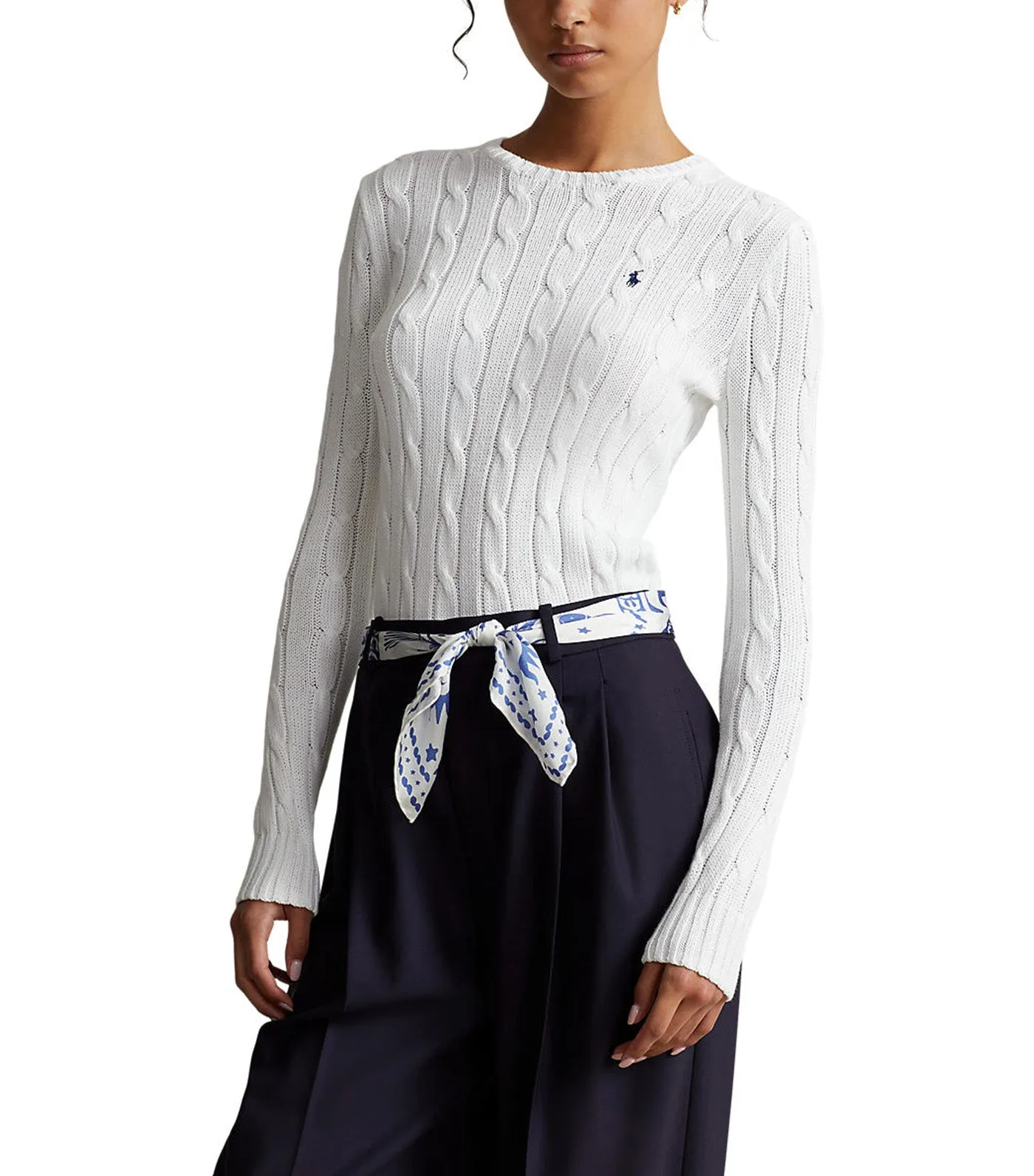 Women's Cable-Knit Cotton Crewneck Sweater White