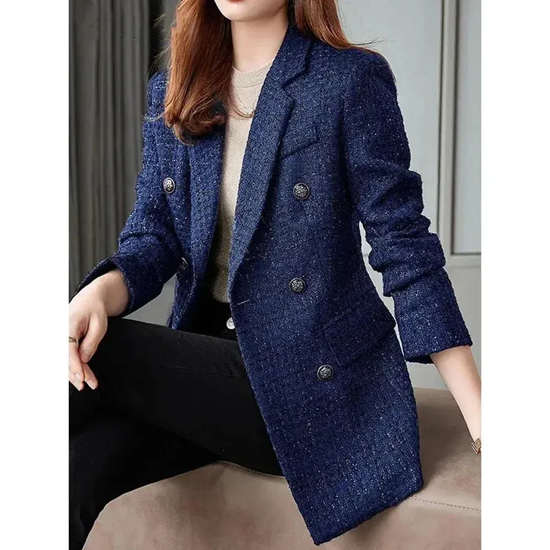 Women's Casual Long Slee Double-Breasted Tweed Blazers French Elegance Thick Long Overcoat with Button for Winter Women Blazers