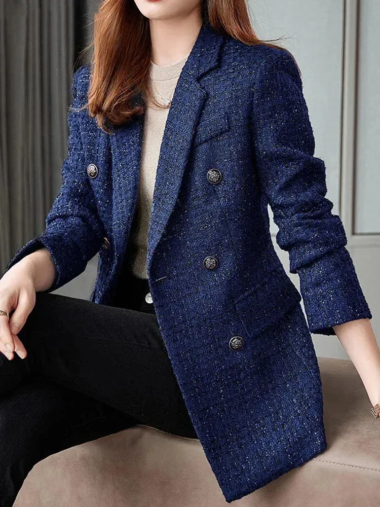 Women's Casual Long Slee Double-Breasted Tweed Blazers French Elegance Thick Long Overcoat with Button for Winter Women Blazers