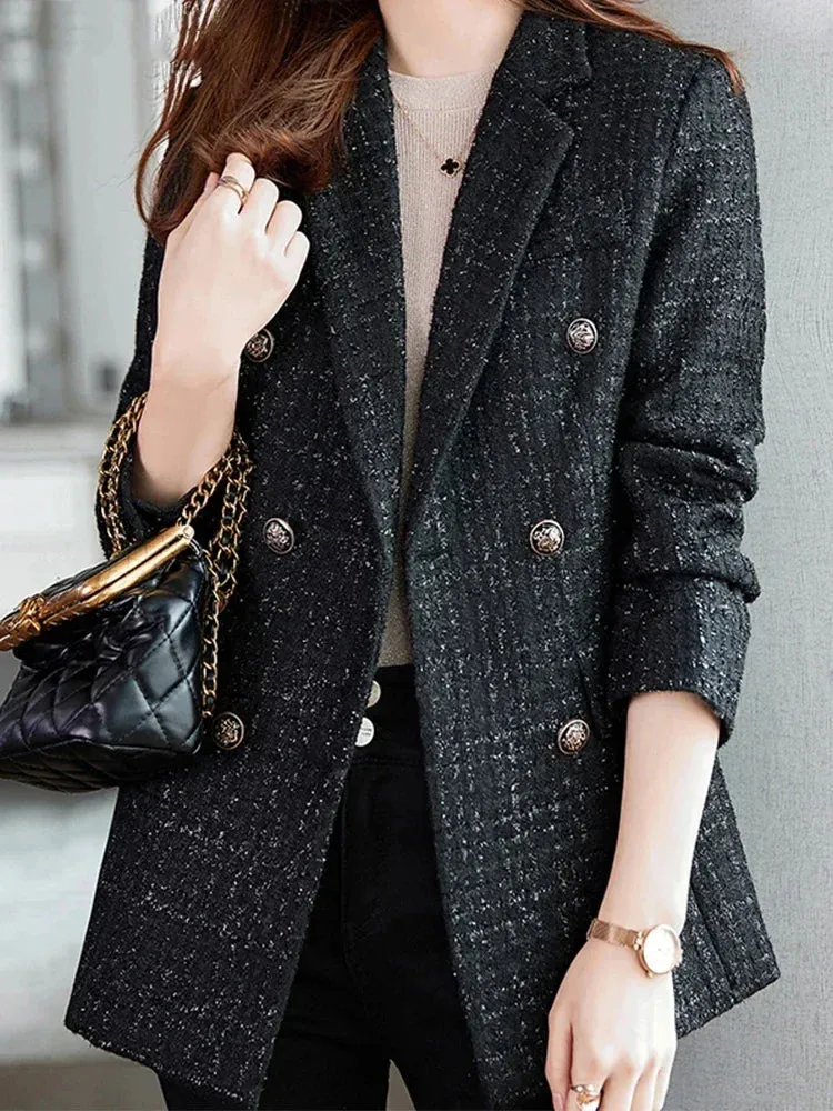 Women's Casual Long Slee Double-Breasted Tweed Blazers French Elegance Thick Long Overcoat with Button for Winter Women Blazers