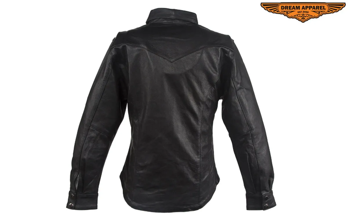 Womens Classic Soft Leather Motorcycle Shirt With Fold Down Collar