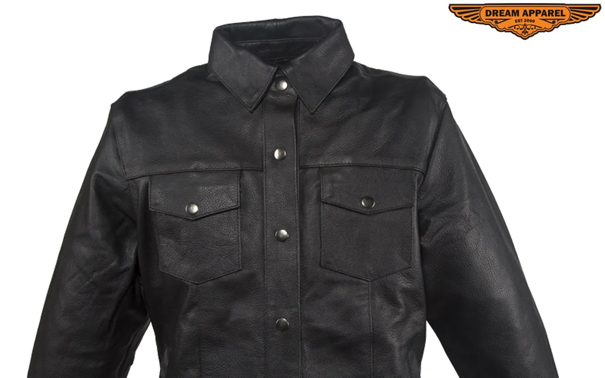 Womens Classic Soft Leather Motorcycle Shirt With Fold Down Collar