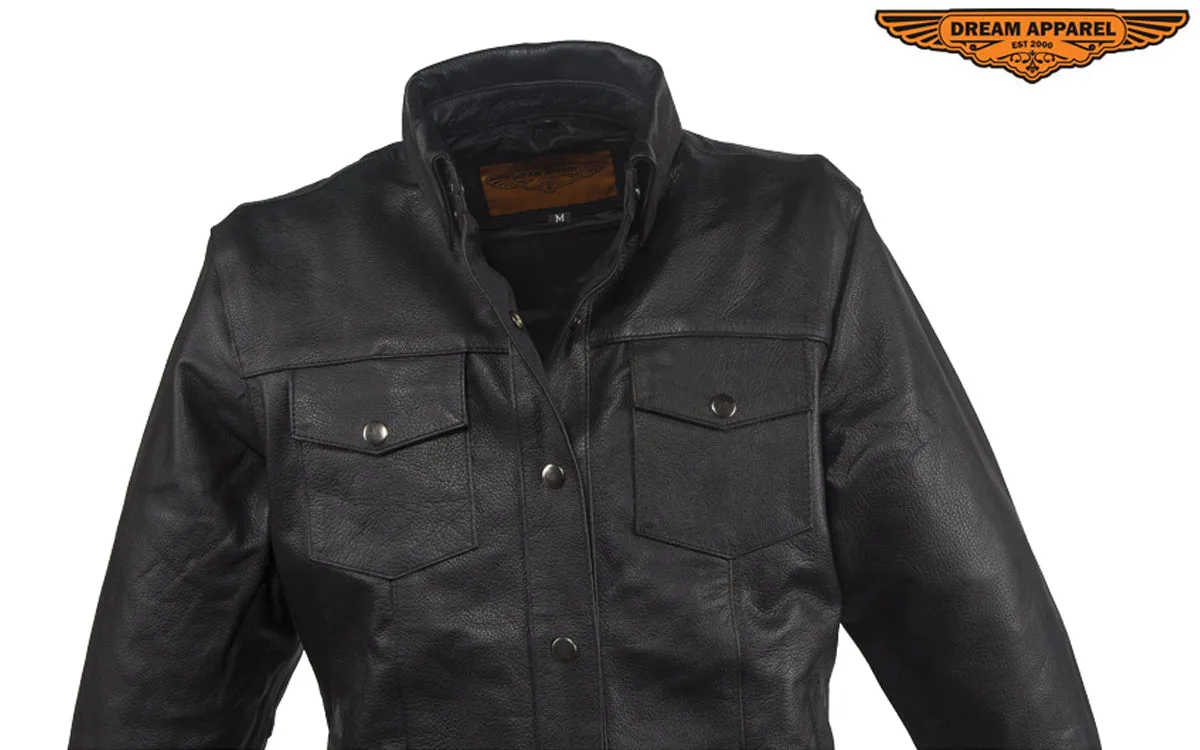 Womens Classic Soft Leather Motorcycle Shirt With Fold Down Collar