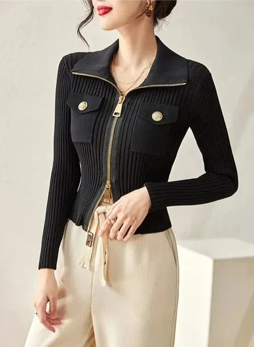 Women's Fashion Knitted Cardigan Sweater – Slim Fit Casual Zipper Jacket