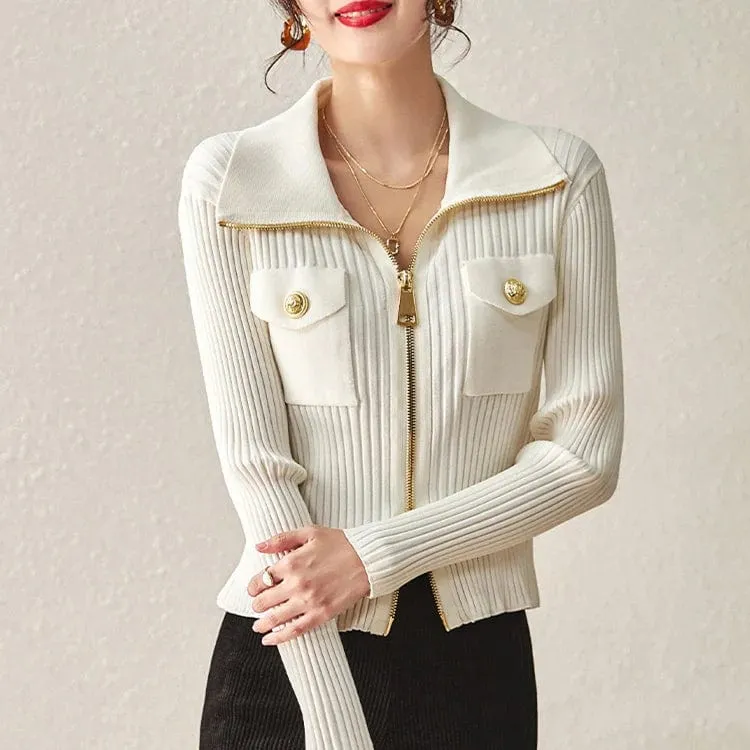 Women's Fashion Knitted Cardigan Sweater – Slim Fit Casual Zipper Jacket