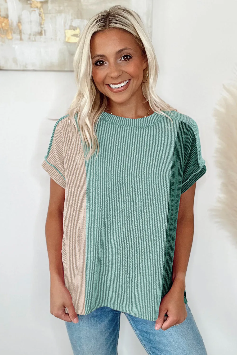 Women's Textured Color Block Crew Neck T Shirt