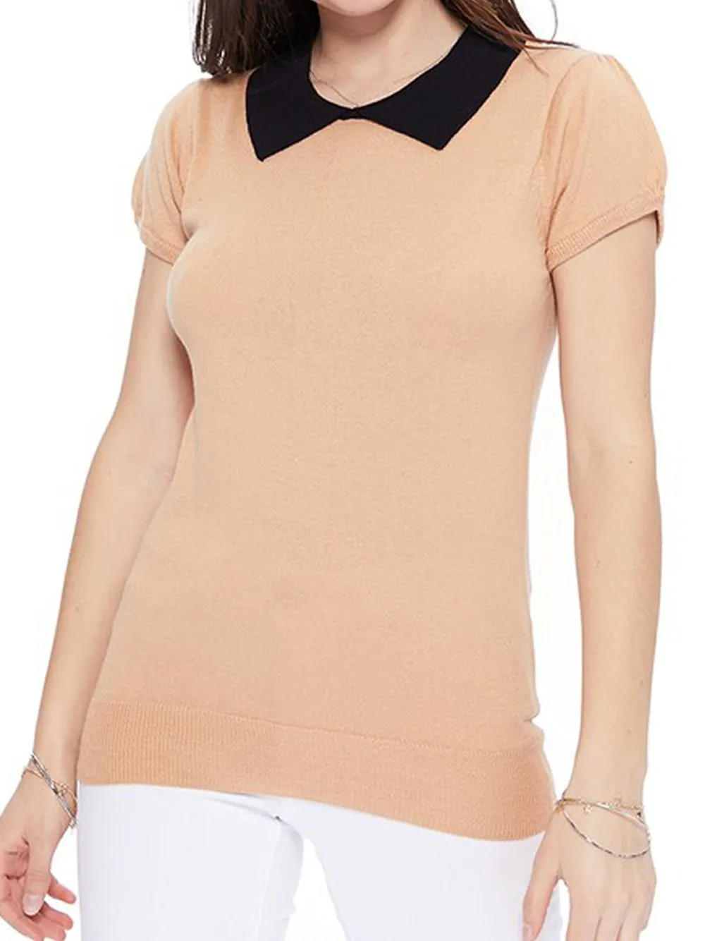 YEMAK Women's Classic Contrast Collar Short Sleeve Knit Pullover Sweater MK3591